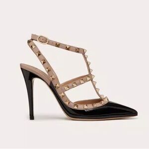 Valentino Garavani Rockstud Patent T Strap Caged Heels Pumps